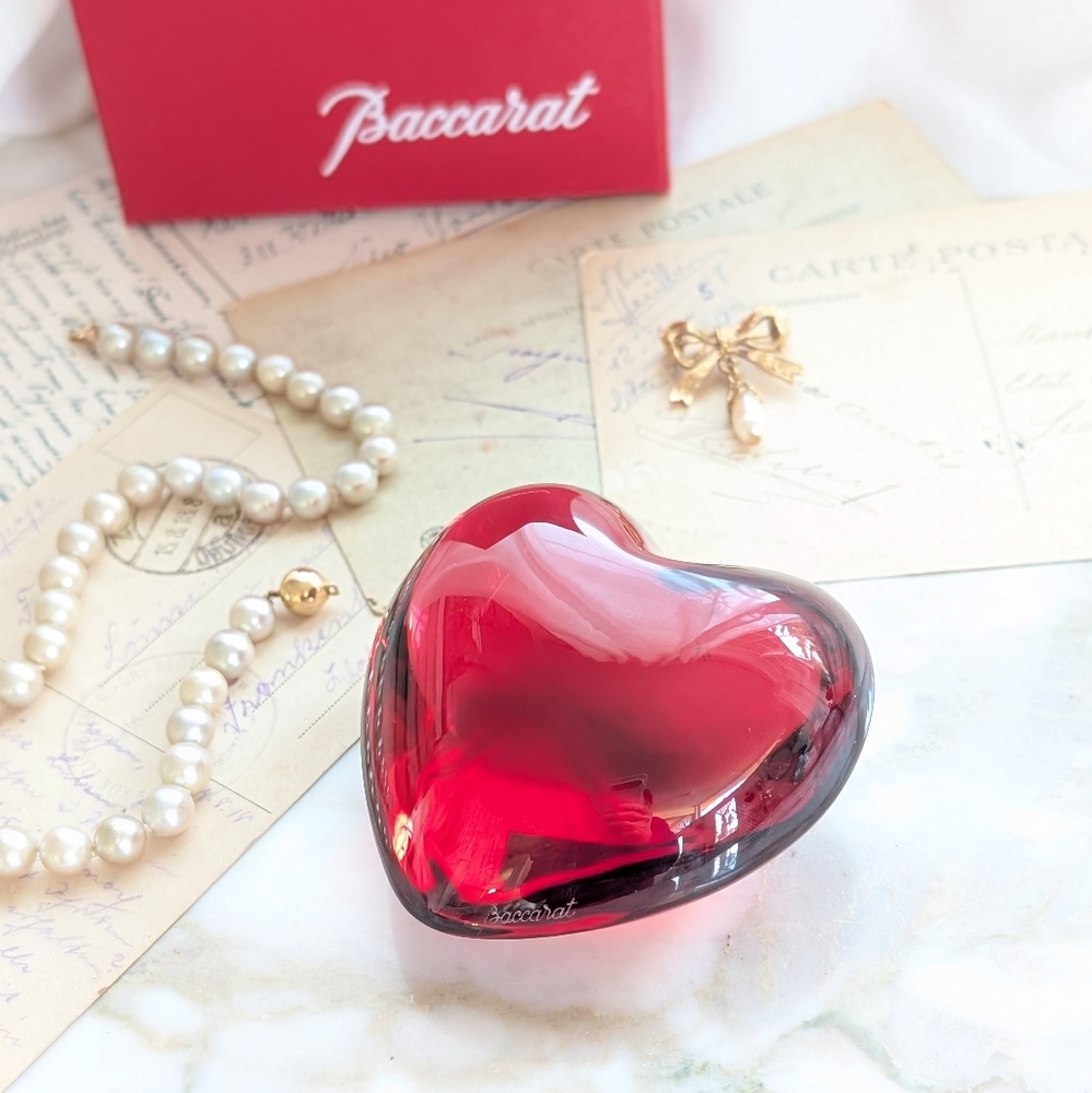 French Baccarat Ruby Red Crystal Heart Paperweight with Original Box